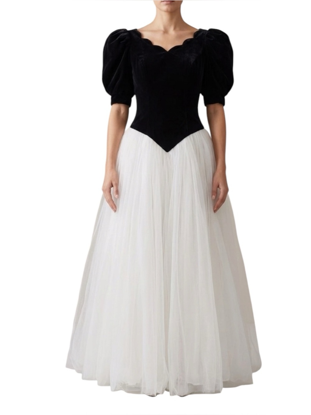 Vtg 1980s Black Velvet Tulle Retro Party Dress Puff Sleeve Prom Formal Size 10